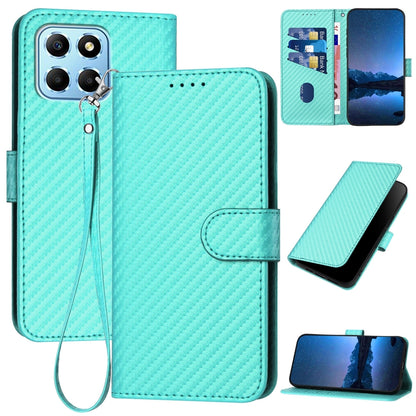 Honor X8 5G Carbon Fiber Buckle Leather Phone Case with Lanyard, PU Leather TPU Wallet Cover with Card Slot, Cash Compartment, Stand Function & Scratch Protection