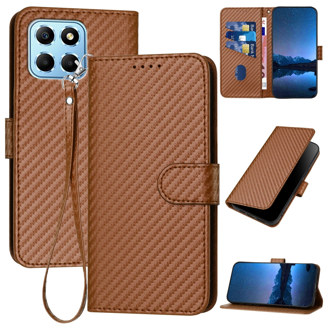 Honor X8 5G Carbon Fiber Buckle Leather Phone Case with Lanyard, PU Leather TPU Wallet Cover with Card Slot, Cash Compartment, Stand Function & Scratch Protection