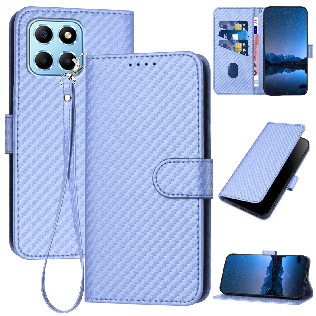 Honor X8 5G Carbon Fiber Buckle Leather Phone Case with Lanyard, PU Leather TPU Wallet Cover with Card Slot, Cash Compartment, Stand Function & Scratch Protection