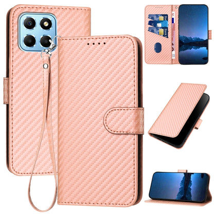 Honor X8 5G Carbon Fiber Buckle Leather Phone Case with Lanyard, PU Leather TPU Wallet Cover with Card Slot, Cash Compartment, Stand Function & Scratch Protection
