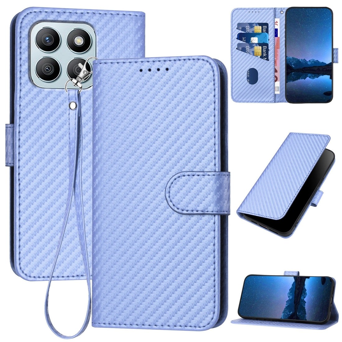 Honor X8b Carbon Fiber Buckle Leather Phone Case with Lanyard, PU Leather TPU Wallet Cover with Card Slot, Cash Compartment, Stand Function & Scratch Protection