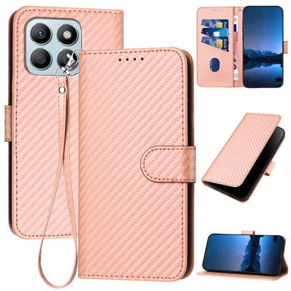 Honor X8b Carbon Fiber Buckle Leather Phone Case with Lanyard, PU Leather TPU Wallet Cover with Card Slot, Cash Compartment, Stand Function & Scratch Protection