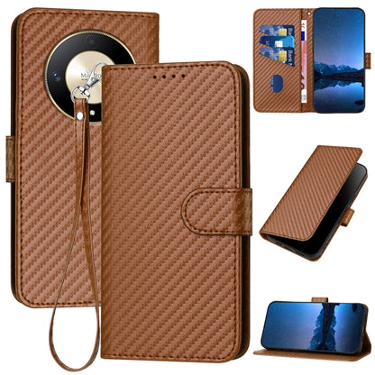 Honor X9b Carbon Fiber Buckle Leather Phone Case with Lanyard, PU Leather TPU Wallet Cover with Card Slot, Cash Compartment, Stand Function & Scratch Protection
