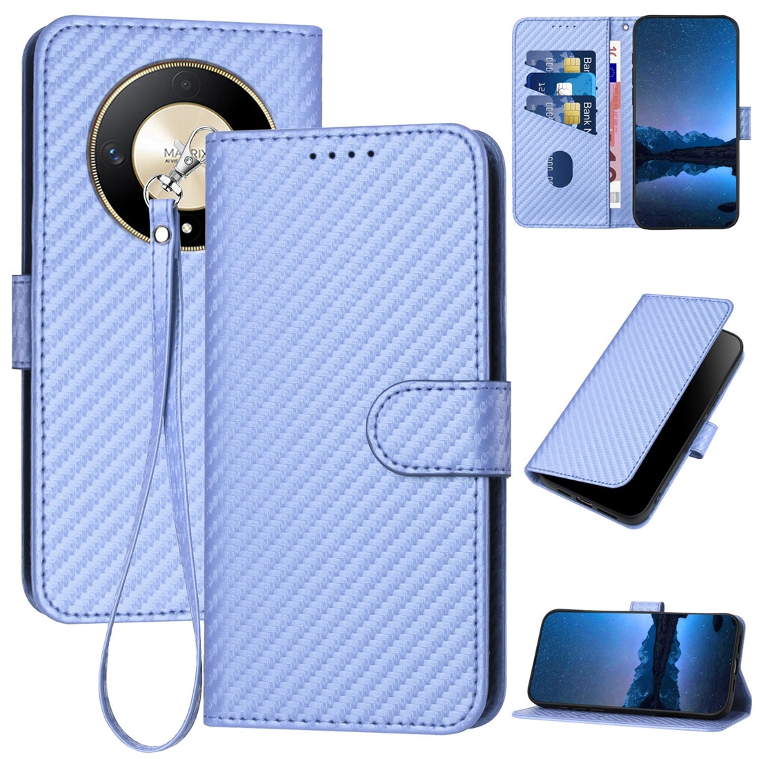 Honor X9b Carbon Fiber Buckle Leather Phone Case with Lanyard, PU Leather TPU Wallet Cover with Card Slot, Cash Compartment, Stand Function & Scratch Protection