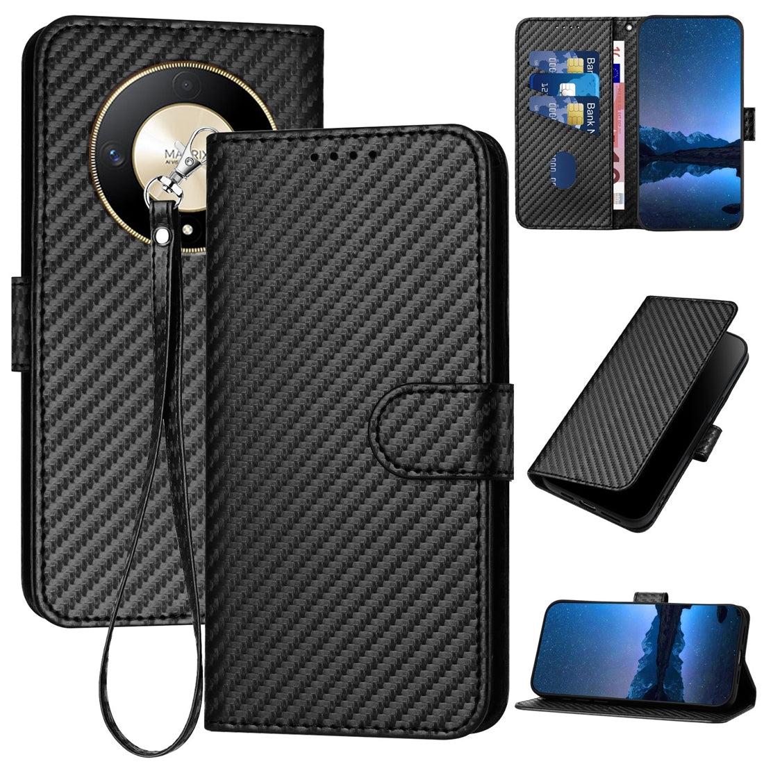 Honor X9b Carbon Fiber Buckle Leather Phone Case with Lanyard, PU Leather TPU Wallet Cover with Card Slot, Cash Compartment, Stand Function & Scratch Protection