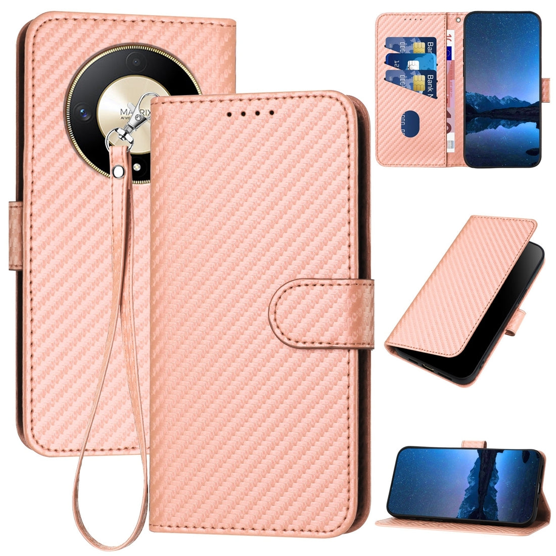 Honor X9b Carbon Fiber Buckle Leather Phone Case with Lanyard, PU Leather TPU Wallet Cover with Card Slot, Cash Compartment, Stand Function & Scratch Protection