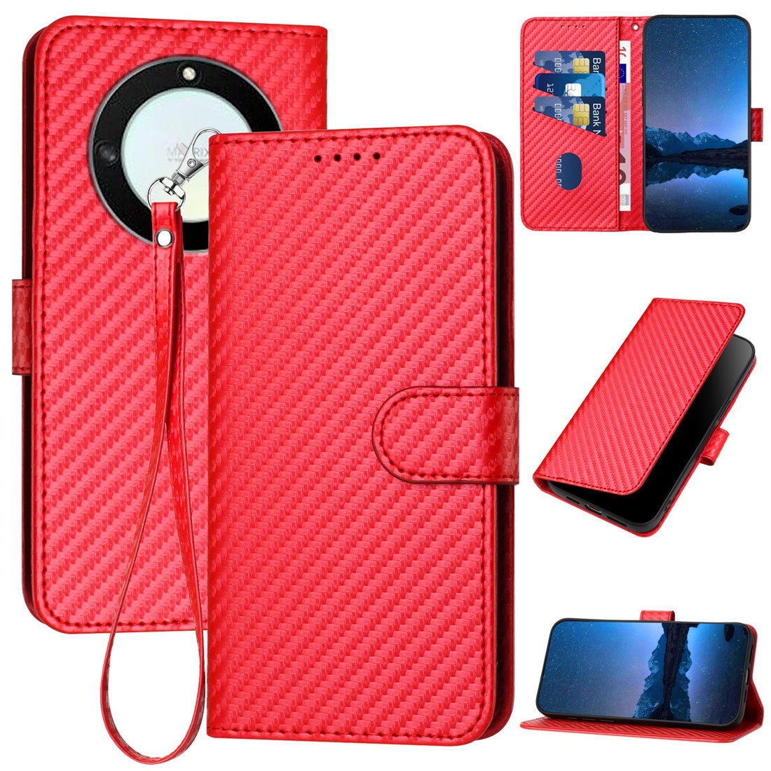 Honor Magic5 Lite Carbon Fiber Buckle Leather Phone Case with Lanyard, PU Leather TPU Wallet Cover with Card Slot, Cash Compartment, Stand Function & Scratch Protection