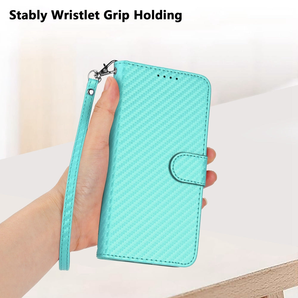 Honor X9a 5G Carbon Fiber Buckle Leather Phone Case with Lanyard, PU Leather TPU Wallet Cover with Card Slot, Cash Compartment, Stand Function & Scratch Protection
