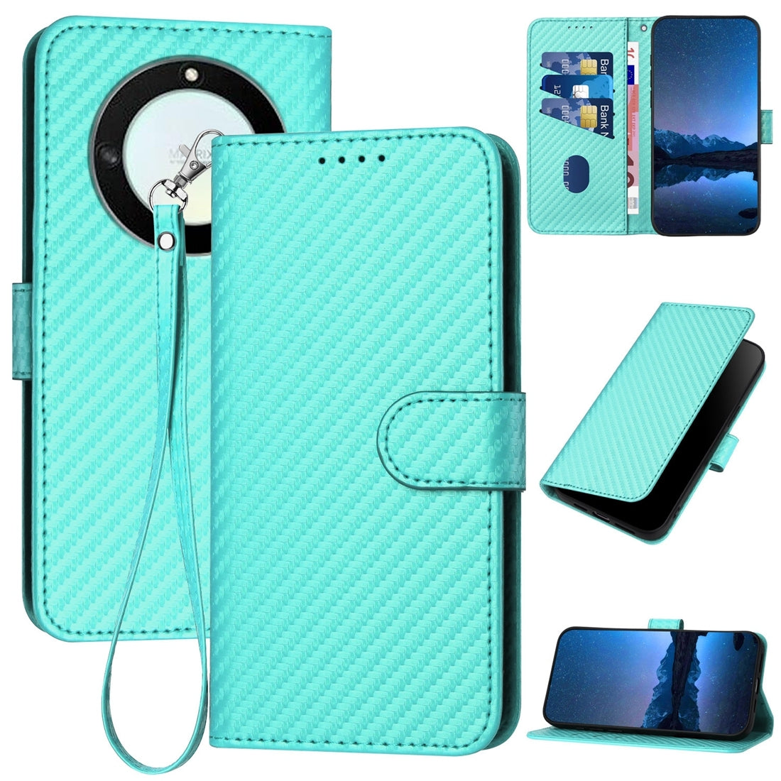 Honor Magic5 Lite Carbon Fiber Buckle Leather Phone Case with Lanyard, PU Leather TPU Wallet Cover with Card Slot, Cash Compartment, Stand Function & Scratch Protection