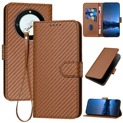 Honor X9a 5G Carbon Fiber Buckle Leather Phone Case with Lanyard, PU Leather TPU Wallet Cover with Card Slot, Cash Compartment, Stand Function & Scratch Protection