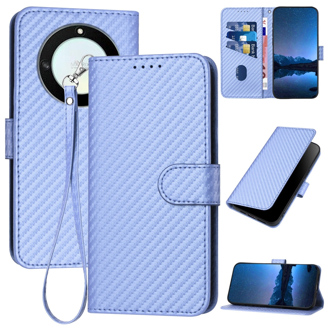 Honor Magic5 Lite Carbon Fiber Buckle Leather Phone Case with Lanyard, PU Leather TPU Wallet Cover with Card Slot, Cash Compartment, Stand Function & Scratch Protection