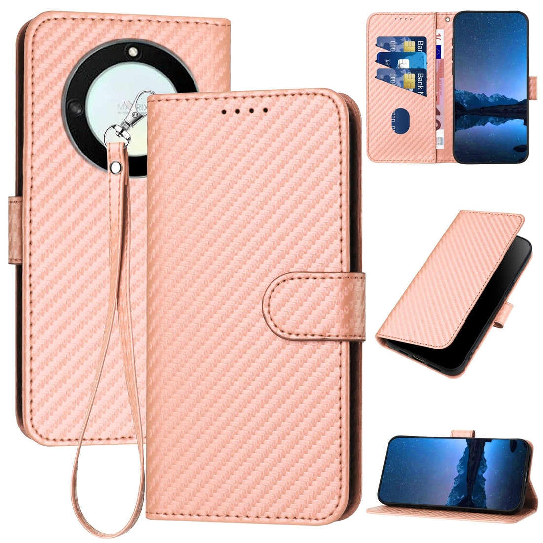 Honor X40 5G Carbon Fiber Buckle Leather Phone Case with Lanyard, PU Leather TPU Wallet Cover with Card Slot, Cash Compartment, Stand Function & Scratch Protection