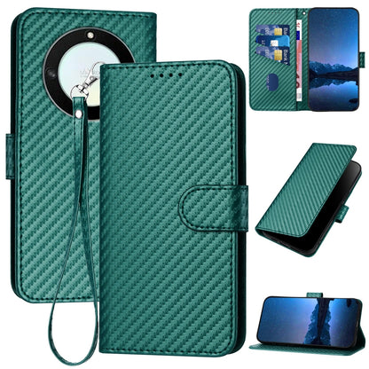 Honor X9a 5G Carbon Fiber Buckle Leather Phone Case with Lanyard, PU Leather TPU Wallet Cover with Card Slot, Cash Compartment, Stand Function & Scratch Protection