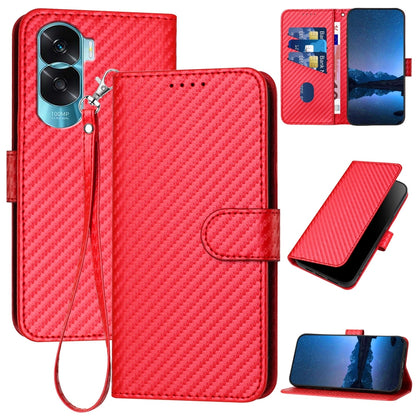 Honor 90 Lite Carbon Fiber Buckle Leather Phone Case with Lanyard, PU Leather TPU Wallet Cover with Card Slot, Cash Compartment, Stand Function & Scratch Protection