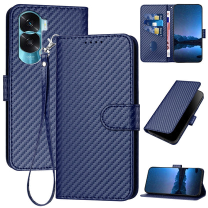 Honor X50i 5G Carbon Fiber Buckle Leather Phone Case with Lanyard, PU Leather TPU Wallet Cover with Card Slot, Cash Compartment, Stand Function & Scratch Protection