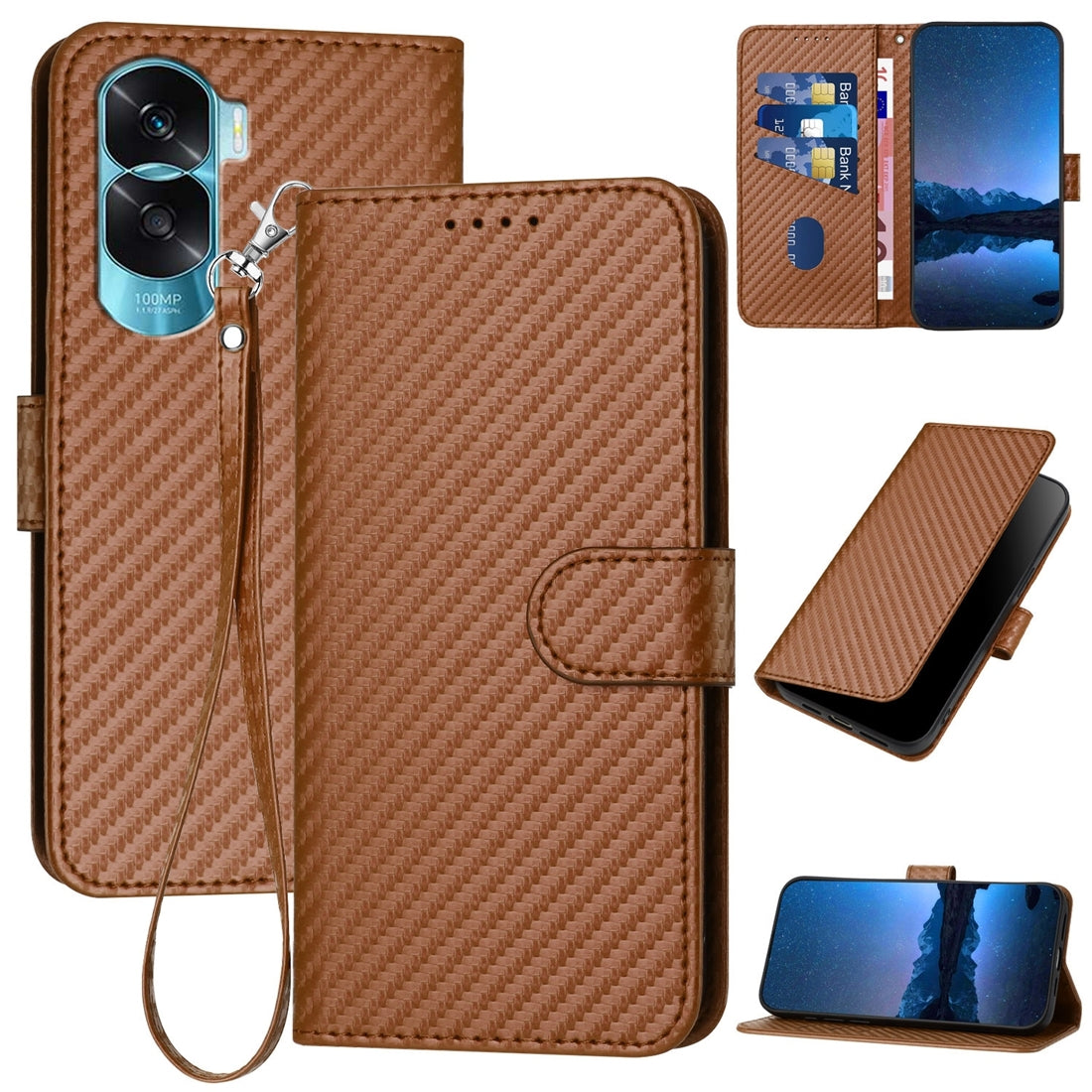 Honor X50i 5G Carbon Fiber Buckle Leather Phone Case with Lanyard, PU Leather TPU Wallet Cover with Card Slot, Cash Compartment, Stand Function & Scratch Protection