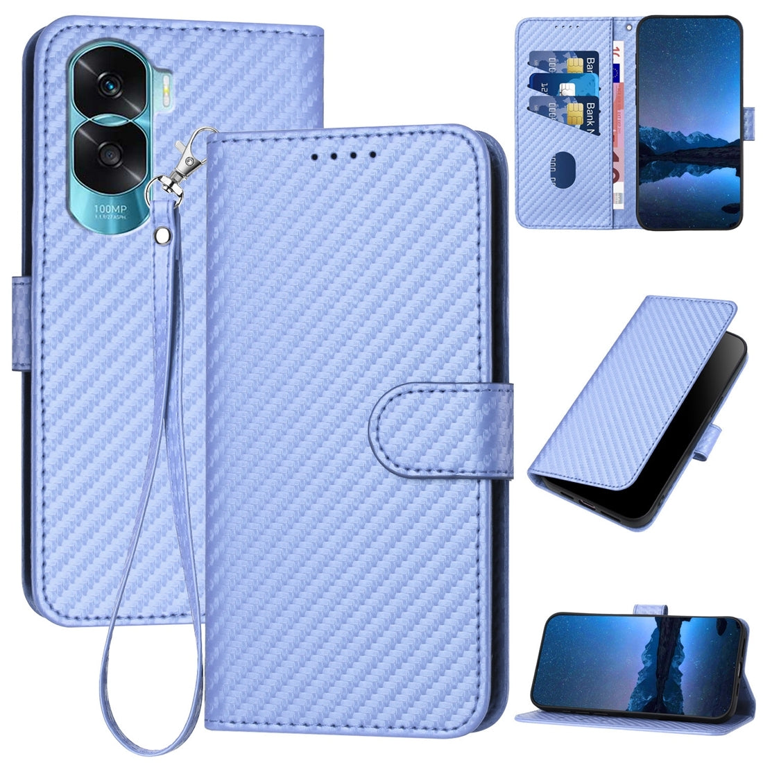 Honor 90 Lite Carbon Fiber Buckle Leather Phone Case with Lanyard, PU Leather TPU Wallet Cover with Card Slot, Cash Compartment, Stand Function & Scratch Protection