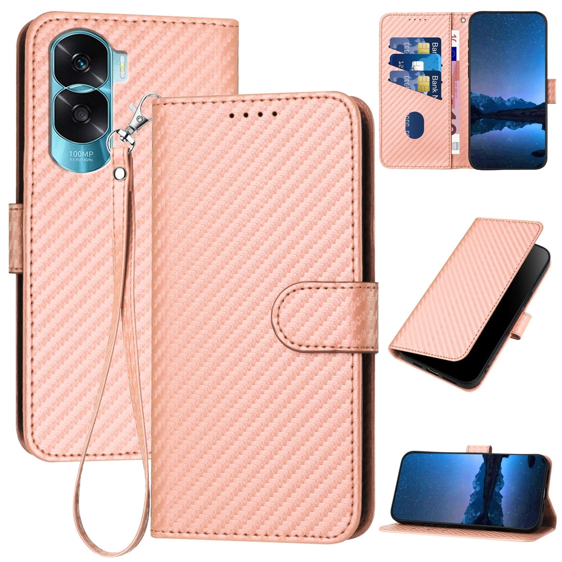 Honor X50i 5G Carbon Fiber Buckle Leather Phone Case with Lanyard, PU Leather TPU Wallet Cover with Card Slot, Cash Compartment, Stand Function & Scratch Protection