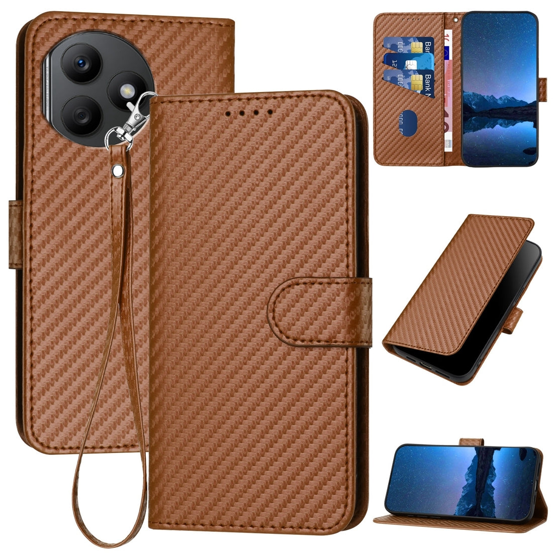 Honor X50i+ Carbon Fiber Buckle Leather Phone Case with Lanyard, PU Leather TPU Wallet Cover with Card Slot, Cash Compartment, Stand Function & Scratch Protection