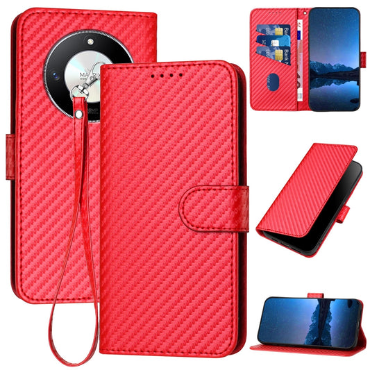 Honor X50 Carbon Fiber Buckle Leather Phone Case with Lanyard, PU Leather TPU Wallet Cover with Card Slot, Cash Compartment, Stand Function & Scratch Protection