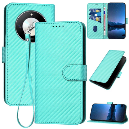 Honor X50 Carbon Fiber Buckle Leather Phone Case with Lanyard, PU Leather TPU Wallet Cover with Card Slot, Cash Compartment, Stand Function & Scratch Protection