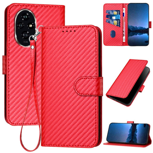 Honor 200 Carbon Fiber Buckle Leather Phone Case with Lanyard, PU Leather TPU Wallet Cover with Card Slot, Cash Compartment, Stand Function & Scratch Protection