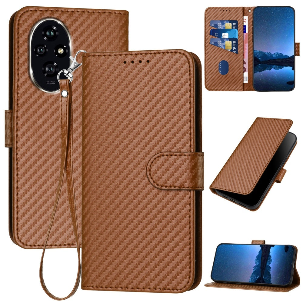 Honor 200 Carbon Fiber Buckle Leather Phone Case with Lanyard, PU Leather TPU Wallet Cover with Card Slot, Cash Compartment, Stand Function & Scratch Protection