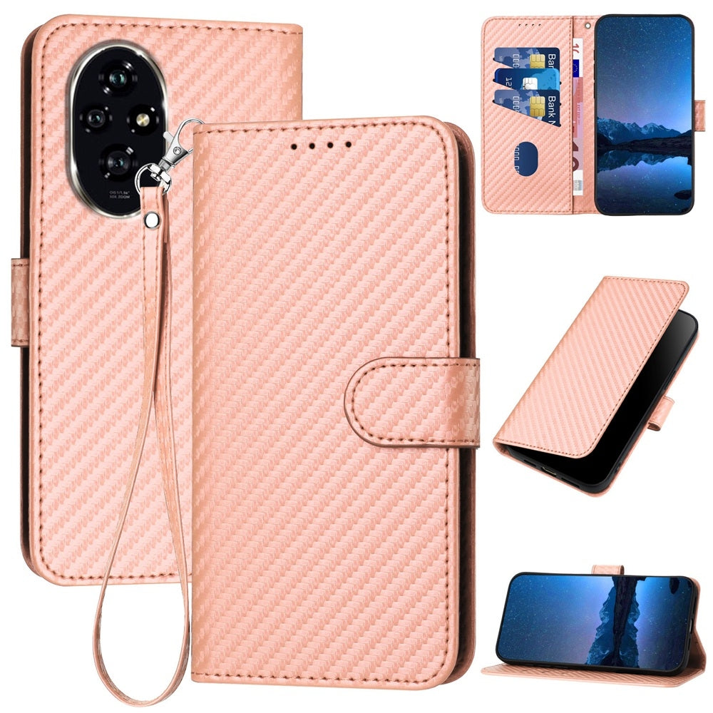Honor 200 Carbon Fiber Buckle Leather Phone Case with Lanyard, PU Leather TPU Wallet Cover with Card Slot, Cash Compartment, Stand Function & Scratch Protection