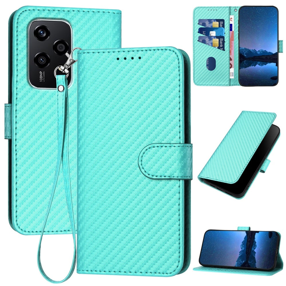 Honor 200 Lite Carbon Fiber Buckle Leather Phone Case with Lanyard, PU Leather TPU Wallet Cover with Card Slot, Cash Compartment, Stand Function & Scratch Protection