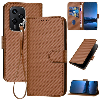 Honor 200 Lite Carbon Fiber Buckle Leather Phone Case with Lanyard, PU Leather TPU Wallet Cover with Card Slot, Cash Compartment, Stand Function & Scratch Protection
