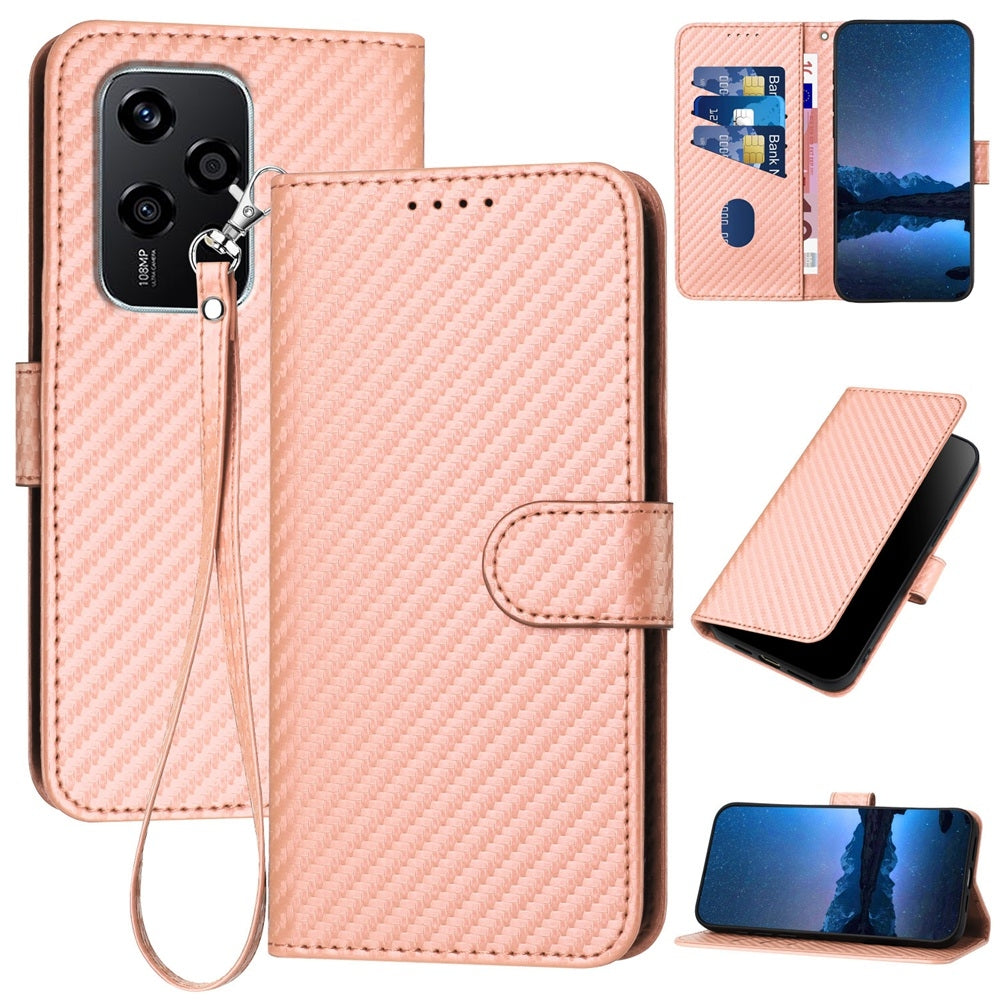 Honor 200 Lite Carbon Fiber Buckle Leather Phone Case with Lanyard, PU Leather TPU Wallet Cover with Card Slot, Cash Compartment, Stand Function & Scratch Protection