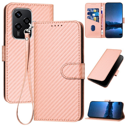 Honor 200 Lite Carbon Fiber Buckle Leather Phone Case with Lanyard, PU Leather TPU Wallet Cover with Card Slot, Cash Compartment, Stand Function & Scratch Protection