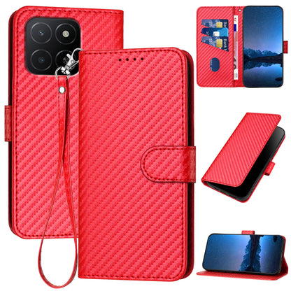 Honor X6c 4G Carbon Fiber Buckle Leather Phone Case with Lanyard, PU Leather TPU Wallet Cover with Card Slot, Cash Compartment, Stand Function & Scratch Protection