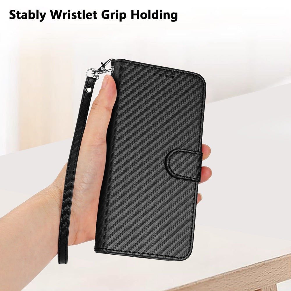 Honor X6c 4G Carbon Fiber Buckle Leather Phone Case with Lanyard, PU Leather TPU Wallet Cover with Card Slot, Cash Compartment, Stand Function & Scratch Protection