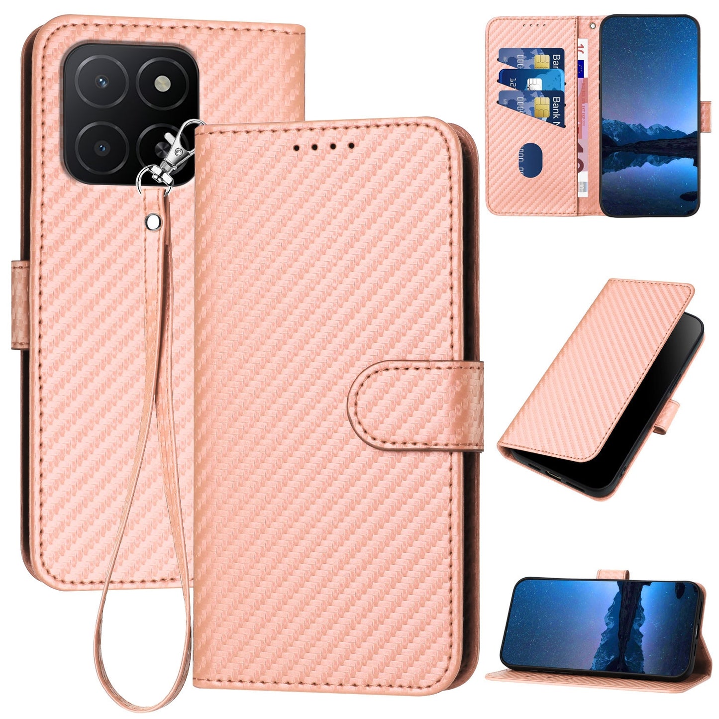Honor X5b Plus Carbon Fiber Buckle Leather Phone Case with Lanyard, PU Leather TPU Wallet Cover with Card Slot, Cash Compartment, Stand Function & Scratch Protection