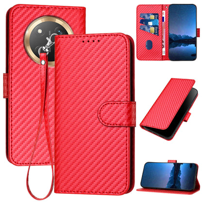 Honor X9c Carbon Fiber Buckle Leather Phone Case with Lanyard, PU Leather TPU Wallet Cover with Card Slot, Cash Compartment, Stand Function & Scratch Protection