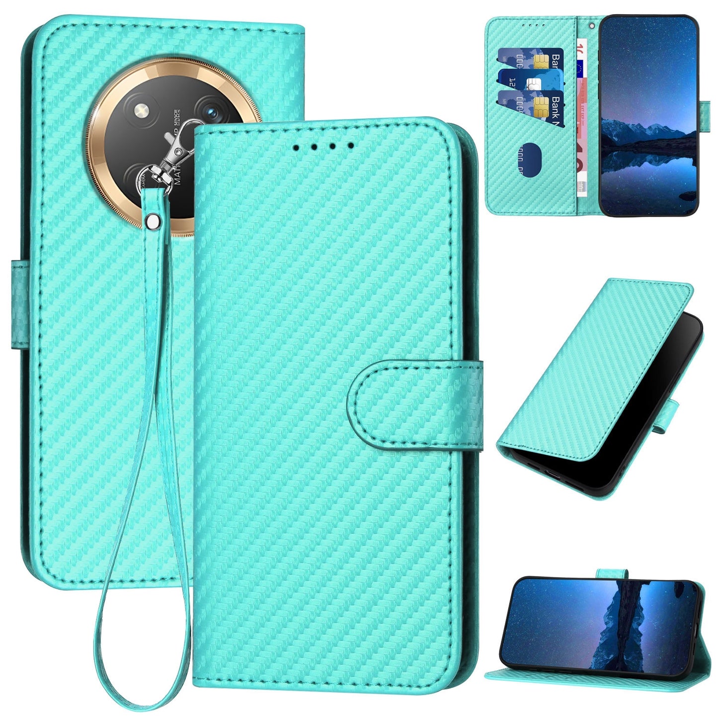Honor X9c Carbon Fiber Buckle Leather Phone Case with Lanyard, PU Leather TPU Wallet Cover with Card Slot, Cash Compartment, Stand Function & Scratch Protection