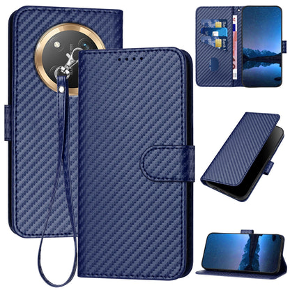 Honor X9c Carbon Fiber Buckle Leather Phone Case with Lanyard, PU Leather TPU Wallet Cover with Card Slot, Cash Compartment, Stand Function & Scratch Protection