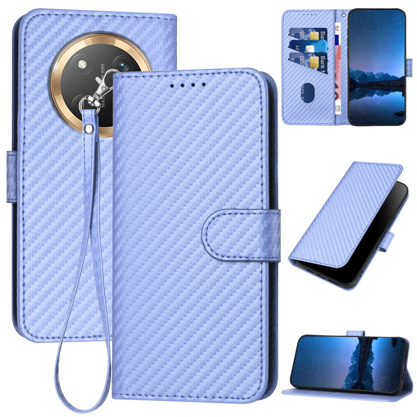 Honor X9c Carbon Fiber Buckle Leather Phone Case with Lanyard, PU Leather TPU Wallet Cover with Card Slot, Cash Compartment, Stand Function & Scratch Protection