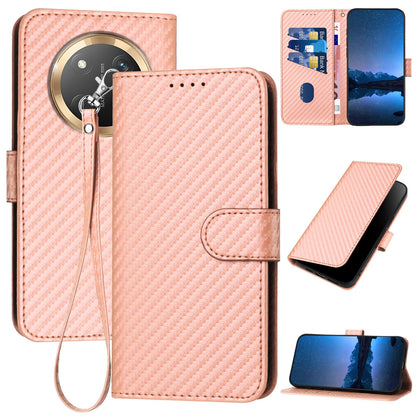 Honor X9c Carbon Fiber Buckle Leather Phone Case with Lanyard, PU Leather TPU Wallet Cover with Card Slot, Cash Compartment, Stand Function & Scratch Protection