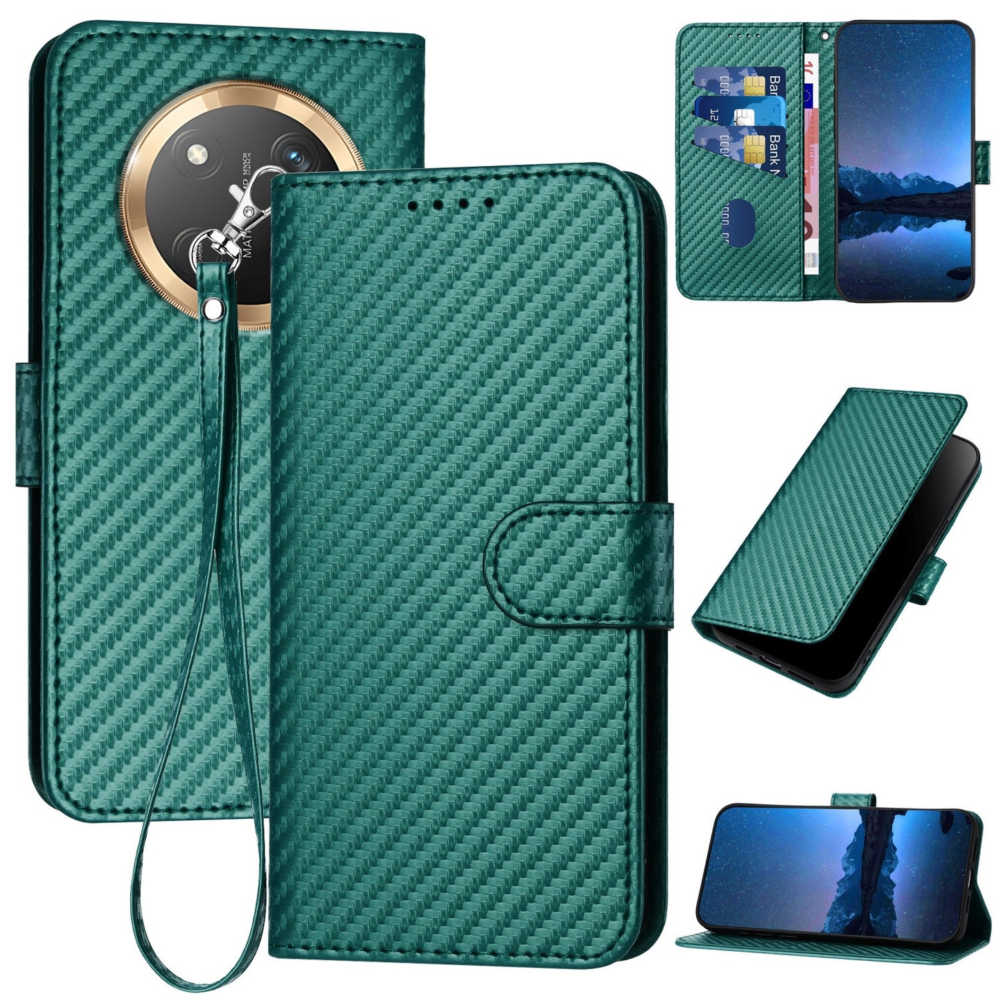 Honor X9c Carbon Fiber Buckle Leather Phone Case with Lanyard, PU Leather TPU Wallet Cover with Card Slot, Cash Compartment, Stand Function & Scratch Protection