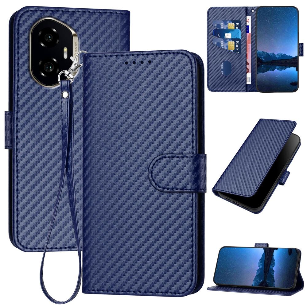 Honor 300 Carbon Fiber Buckle Leather Phone Case with Lanyard, PU Leather TPU Wallet Cover with Card Slot, Cash Compartment, Stand Function & Scratch Protection