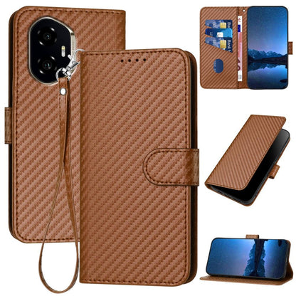 Honor 300 Carbon Fiber Buckle Leather Phone Case with Lanyard, PU Leather TPU Wallet Cover with Card Slot, Cash Compartment, Stand Function & Scratch Protection