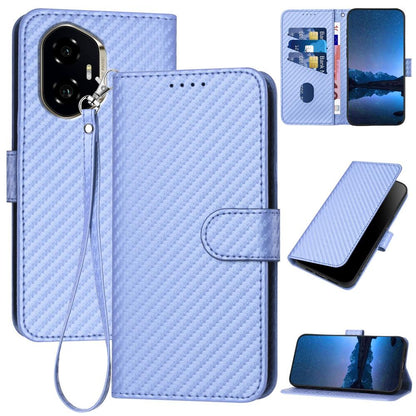 Honor 300 Carbon Fiber Buckle Leather Phone Case with Lanyard, PU Leather TPU Wallet Cover with Card Slot, Cash Compartment, Stand Function & Scratch Protection