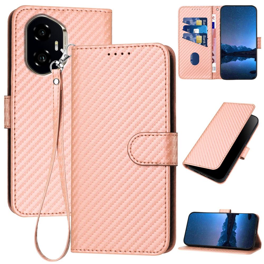 Honor 300 Carbon Fiber Buckle Leather Phone Case with Lanyard, PU Leather TPU Wallet Cover with Card Slot, Cash Compartment, Stand Function & Scratch Protection