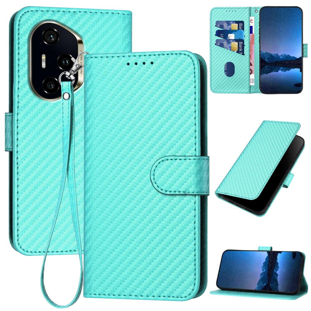 Honor 300 Pro Carbon Fiber Buckle Leather Phone Case with Lanyard, PU Leather TPU Wallet Cover with Card Slot, Cash Compartment, Stand Function & Scratch Protection