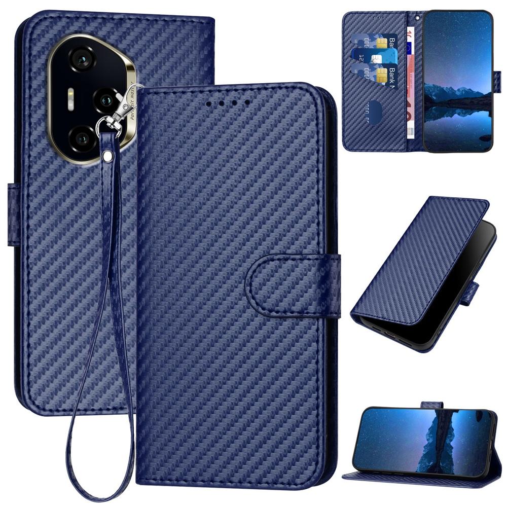 Honor 300 Ultra Carbon Fiber Buckle Leather Phone Case with Lanyard, PU Leather TPU Wallet Cover with Card Slot, Cash Compartment, Stand Function & Scratch Protection