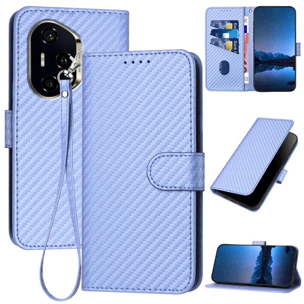 Honor 300 Pro Carbon Fiber Buckle Leather Phone Case with Lanyard, PU Leather TPU Wallet Cover with Card Slot, Cash Compartment, Stand Function & Scratch Protection