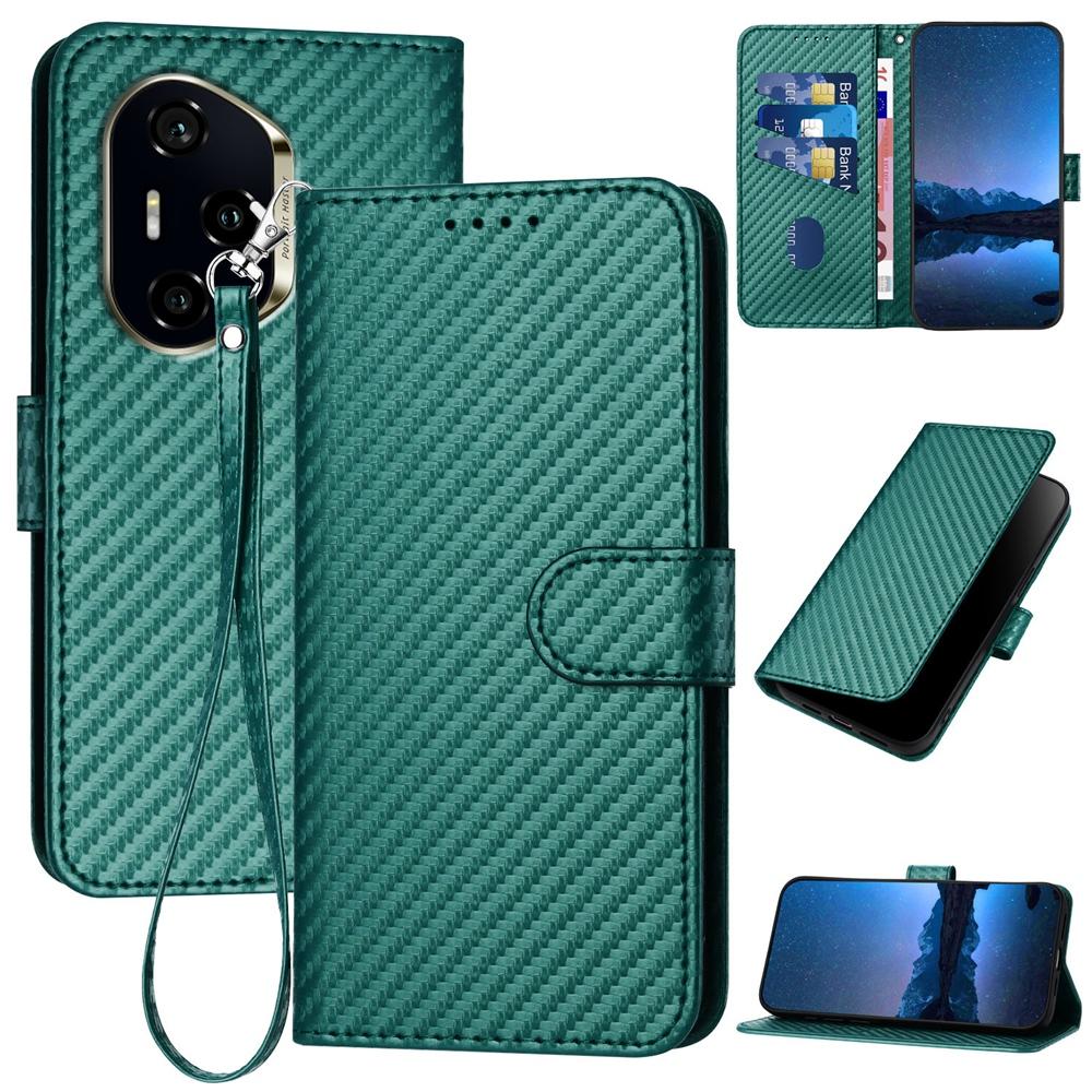 Honor 300 Ultra Carbon Fiber Buckle Leather Phone Case with Lanyard, PU Leather TPU Wallet Cover with Card Slot, Cash Compartment, Stand Function & Scratch Protection