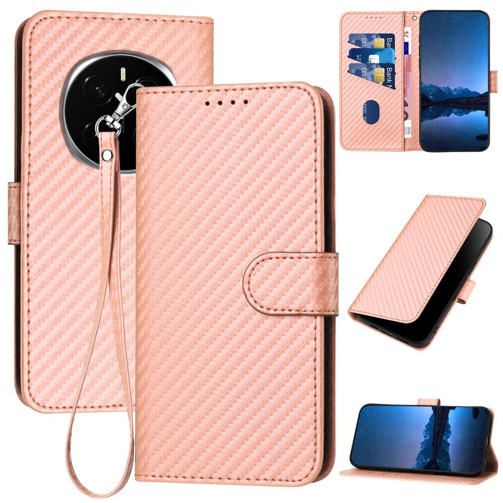 Honor Magic7 Carbon Fiber Buckle Leather Phone Case with Lanyard, PU Leather TPU Wallet Cover with Card Slot, Cash Compartment, Stand Function & Scratch Protection